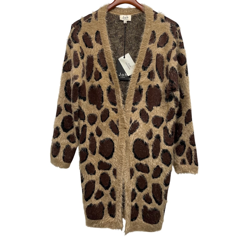 Leopard Cashmere Blend Long Sweater Coat, NWT,‎ Cardigan, Ladies M, Open Front,